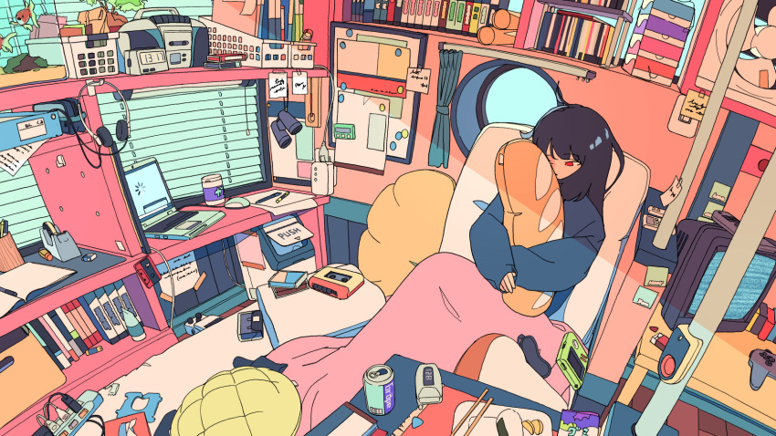 1girl, akabane_1999, black_hair, book, bookshelf, boombox, can, cassette_tape