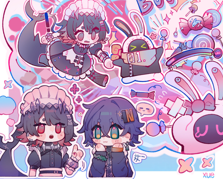 !, >_<, 1other, 2girls, absurdres, apron, artist_name, axue, belle_(zenless_zone_zero), black_dress, black_hair, black_pantyhose, blush, candy, chibi, chibi_only, chinese_commentary, clothes_writing, colored_inner_hair, commentary_request, crossed_bangs, dress, earrings, ellen_joe, eous_(zenless_zone_zero), fins, fish_tail, food, green_eyes, hair_ornament, highres, index_finger_raised, jewelry, lollipop, looking_at_another, maid, maid_headdress, multicolored_hair, multiple_girls, multiple_views, nail_polish, open_mouth, orange_scarf, pantyhose, pink_theme, purple_hair, purple_shirt, red_eyes, red_nails, redhead, scarf, shark_girl, shark_tail, sharp_teeth, shirt, short_hair, spoken_expression, tail, teeth, waist_apron, wrist_cuffs, zenless_zone_zero