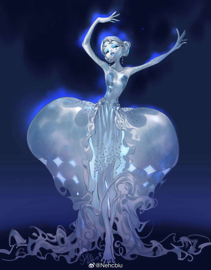 1girl, absurdres, aqua_eyeshadow, artist_request, aura, barefoot, blue_aura, blue_lips, breasts, dancing, dress, eyeshadow, full_body, highres, looking_at_viewer, makeup, mole, mole_under_eye, narrow_waist, original, outstretched_arms, pale_skin, parted_lips, small_breasts, solo, spread_arms, standing, white_dress
