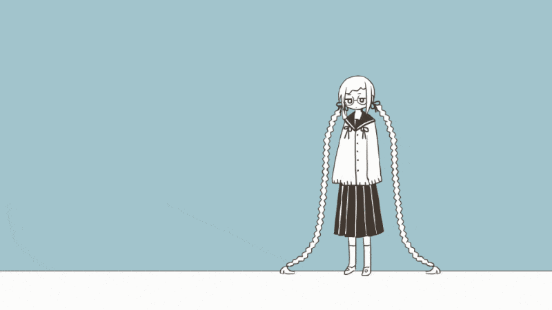1girl, absurdly_long_hair, animated, animated_gif, arms_at_sides, bad_link, blue_background, braid, cardigan, closed_mouth, diagonal_bangs, dot_mouth, expressionless, fumino_shiori, glasses, greyscale_with_colored_background, hair_ribbon, kneehighs, long_hair, long_sleeves, looping_animation, low_twin_braids, pleated_skirt, prehensile_hair, ribbon, school_uniform, serafuku, shoes, shoujo_jiten, simple_background, skirt, socks, solo, thought_bubble, twin_braids, very_long_hair, walking, yasui_marie, zooming_out
