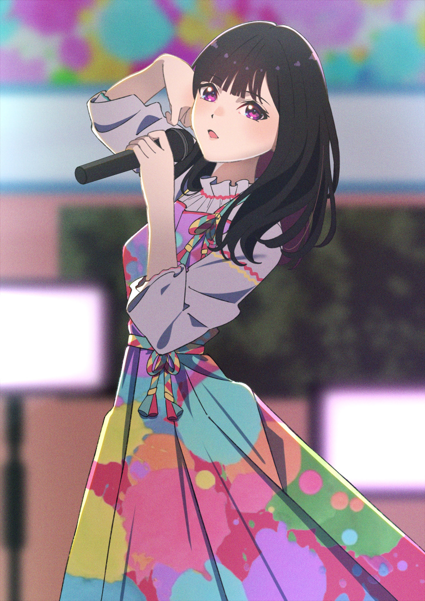 1girl, absurdres, animification, aqua_dress, black_hair, blue_dress, blunt_bangs, blurry