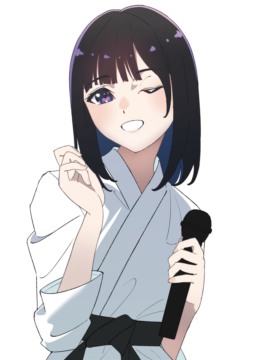 1girl, ;d, absurdres, animification, black_hair, black_sash, blunt_bangs, breasts