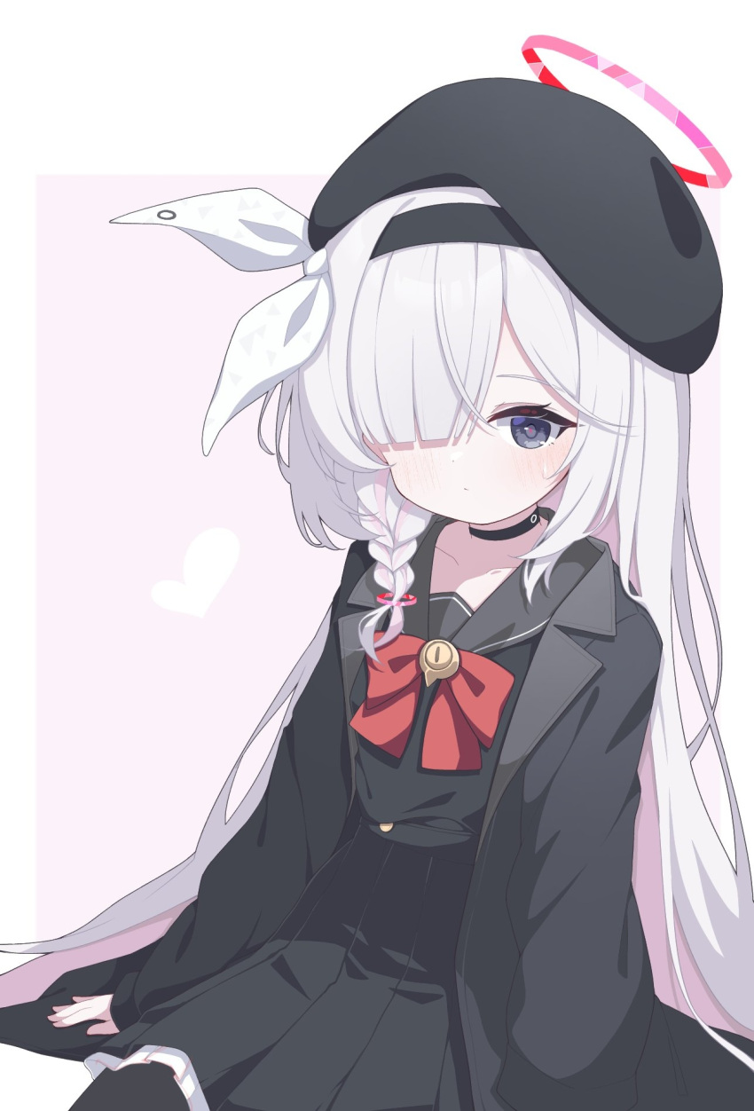 1girl, black_beret, black_choker, black_coat, black_hairband, black_pantyhose, black_sailor_collar, black_serafuku