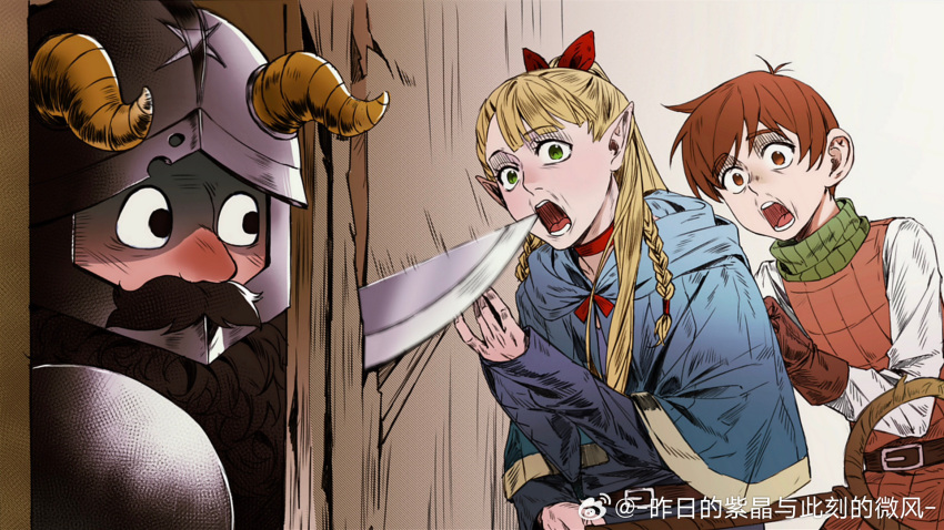 1girl, 2boys, artist_request, blonde_hair, breaking_through_wall, broken_door, brown_hair, chilchuck_tims