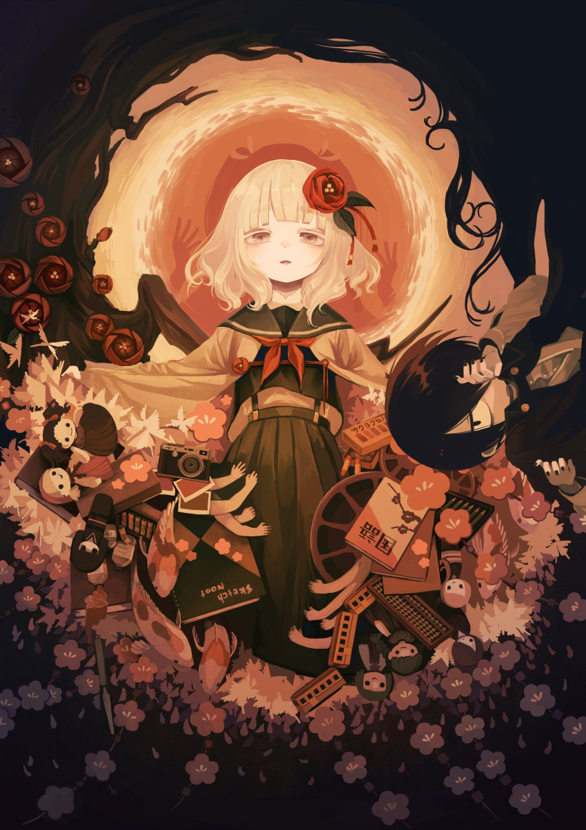 1boy, 2girls, abacus, absurdres, behind_another, black_cape, black_eyes, black_hair