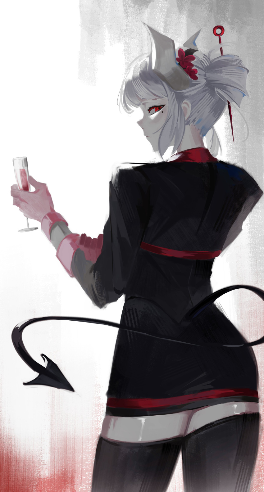 1girl, absurdres, alcohol, black_tail, black_thighhighs, closed_mouth, cup, demon_girl