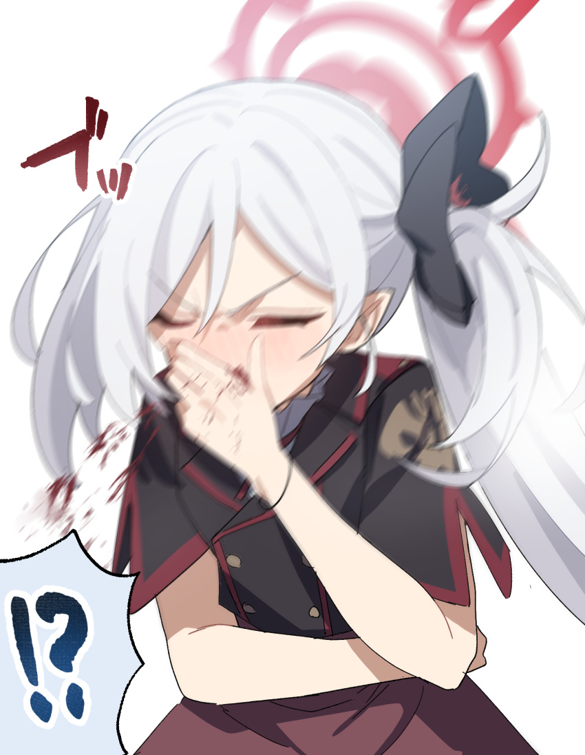 !?, 1girl, black_jacket, black_scrunchie, blood, blue_archive, buttons, closed_eyes