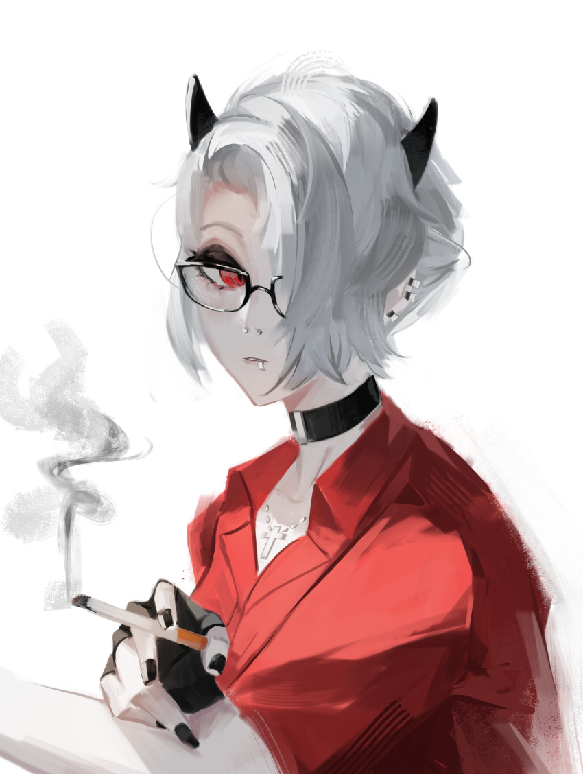 1girl, absurdres, black-framed_eyewear, black_choker, black_horns, black_nails, breasts, choker, cigarette, closed_mouth, cross, demon_girl, demon_horns, fingerless_gloves, glasses, gloves, hair_over_one_eye, helltaker, highres, holding, holding_cigarette, horns, jewelry, lip_piercing, looking_to_the_side, necklace, piercing, red_eyes, red_shirt, shirt, smoke, solo, white_background, white_hair, woijoi, zdrada_(helltaker)