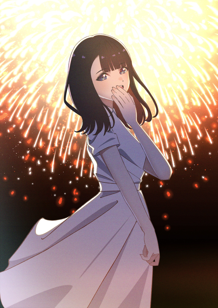 1girl, :d, =love, absurdres, aerial_fireworks, animification, black_hair, blunt_bangs