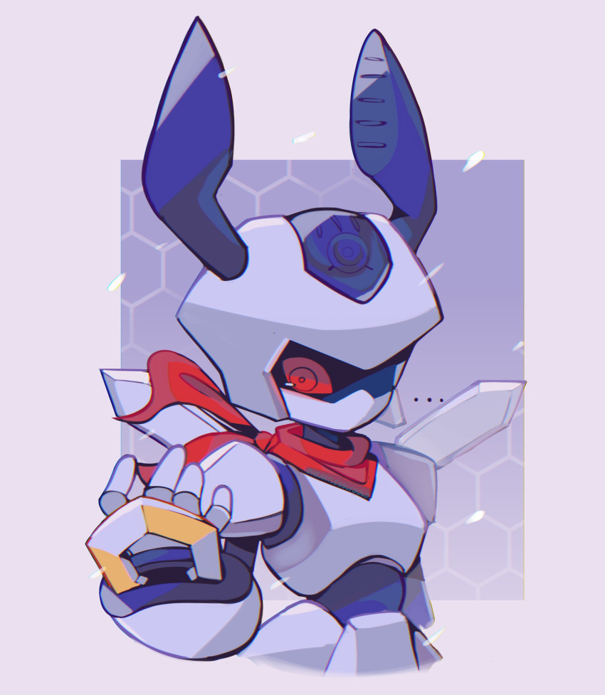 1boy, armor, bandana, bandana_around_neck, border, heartlesslygold, helmet, highres, humanoid_robot, looking_at_viewer, medarot, red_bandana, red_eyes, robot, rokusho_(medarot), solo, upper_body, white_armor, white_border, white_helmet
