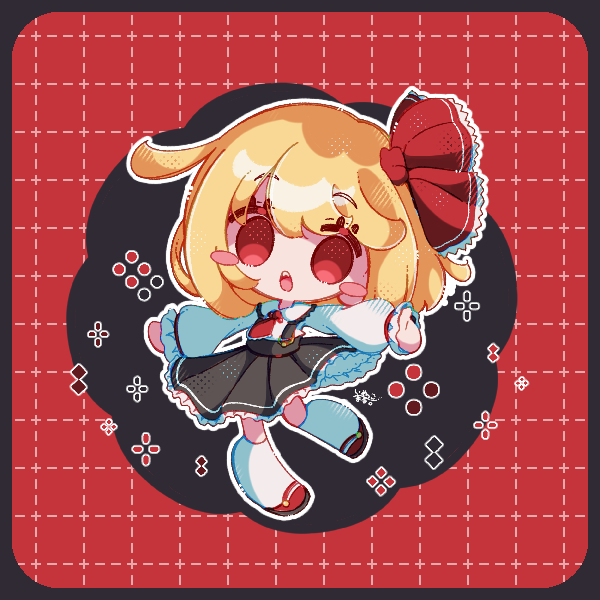 1girl, black_skirt, blonde_hair, blush_stickers, bow, checkered_background, chibi, chibi_only, frilled_bow, frills, hair_bow, inukkomaru, leg_warmers, long_sleeves, looking_at_viewer, mary_janes, necktie, red_background, red_bow, red_eyes, red_footwear, red_necktie, rumia, shoes, short_hair, side_ahoge, skirt, suspender_skirt, suspenders, touhou, white_leg_warmers, white_skirt