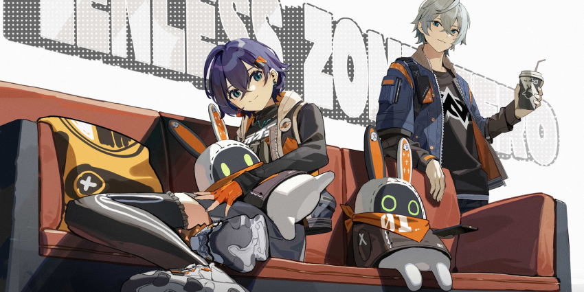 1boy, 1girl, bangboo_(zenless_zone_zero), belle_(zenless_zone_zero), black_shirt, black_thighhighs, blue_eyes, blue_jacket, brother_and_sister, commentary, copyright_name, couch, cup, disposable_cup, drinking_straw, eous_(zenless_zone_zero), fingerless_gloves, funengliang_jieheti, gloves, grey_hair, grey_jacket, hair_ornament, highres, holding, holding_cup, hood, hood_down, hooded_jacket, jacket, long_sleeves, looking_at_viewer, on_couch, open_clothes, open_jacket, orange_gloves, pillow, shirt, shoes, short_hair, siblings, sitting, smile, sneakers, standing, stuffed_toy, thigh-highs, violet_eyes, white_background, white_footwear, wise_(zenless_zone_zero), zenless_zone_zero