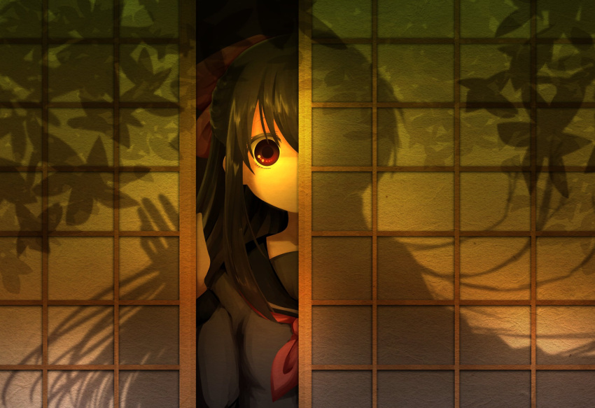 1boy, 1girl, badeegg, black_hair, black_sailor_collar, black_shirt, commentary_request, different_silhouette