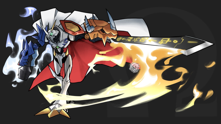 arm_blade, arm_cannon, artist_logo, black_bow, blue_eyes, bow, cape, digimon