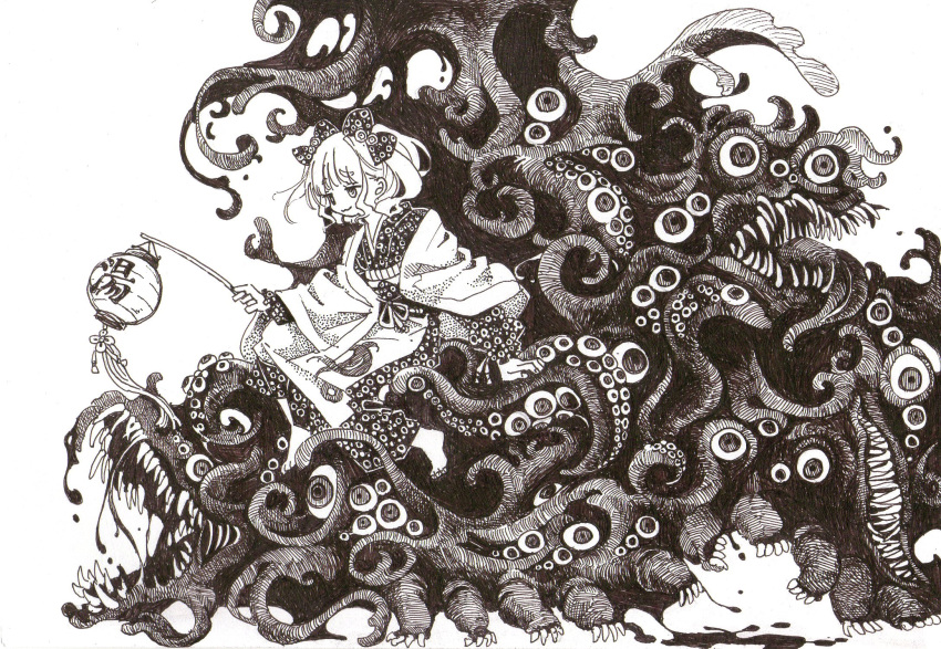 1girl, :3, ballpoint_pen_(medium), barefoot, bow, cloak, cthulhu_mythos, from_side, full_body, greyscale, hair_bow, highres, holding, holding_lantern, japanese_clothes, kimono, lantern, long_sleeves, looking_ahead, monochrome, monster, multiple_hair_bows, obi, original, paper_lantern, print_kimono, raised_eyebrow, riding, sash, sharp_teeth, shoggoth, short_hair, simple_background, smile, smug, solo, teeth, tentacles, thick_eyebrows, too_many_eyes, traditional_media, yasui_marie