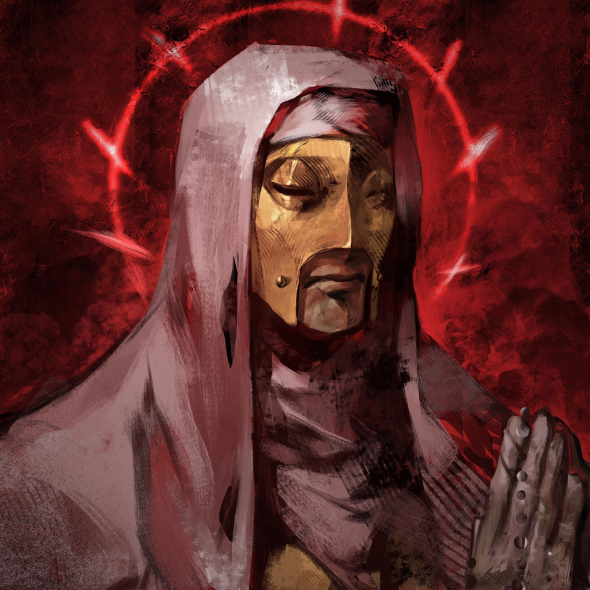 1boy, black_gloves, black_scarf, closed_mouth, covered_face, darkest_dungeon, gloves, gold_mask