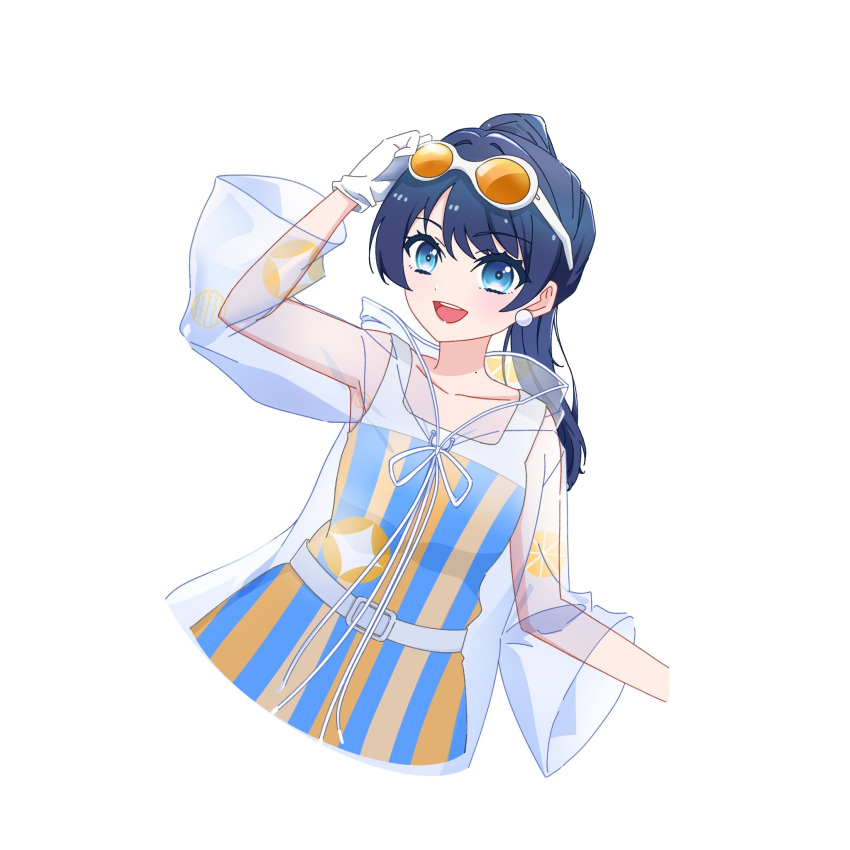 1girl, :d, ameagari_street_(love_live!), blue_dress, blue_eyes, blue_hair, commentary, cropped_legs