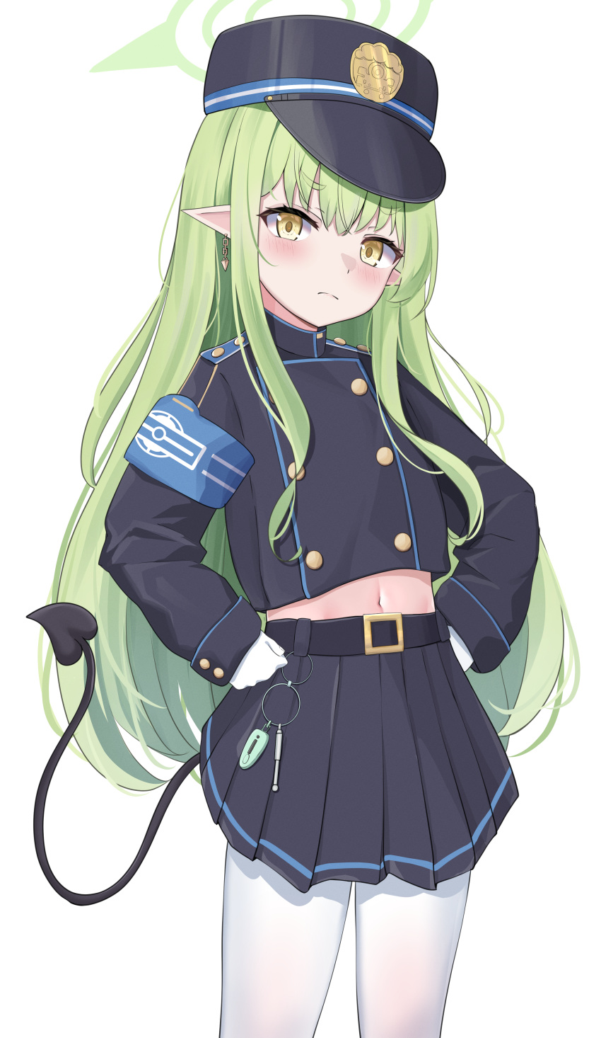1girl, absurdres, armband, belt, black_jacket, black_skirt, blue_archive, blush