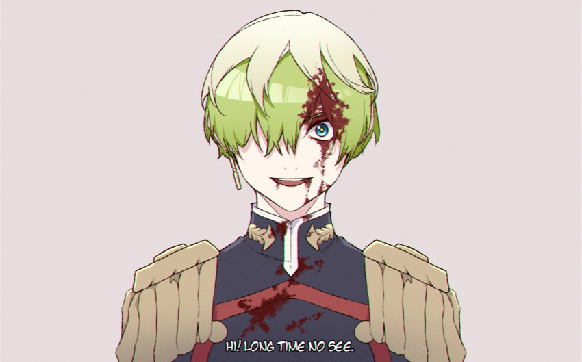 1girl, blood, blood_in_hair, blood_on_clothes, blood_on_face, blue_bodysuit, blue_eyes, bodysuit, cosplay, earrings, english_text, epaulettes, green_hair, grey_background, highres, homelander, homelander_(cosplay), izumo_tenka, jewelry, mato_seihei_no_slave, multicolored_hair, saikiseiya, short_hair, simple_background, single_earring, solo, subtitled, the_boys, two-tone_hair