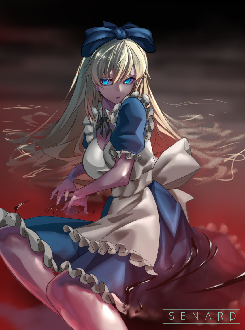 1girl, absurdres, alice_(black_souls), ambiguous_red_liquid, apron, black_souls, blonde_hair, blue_dress