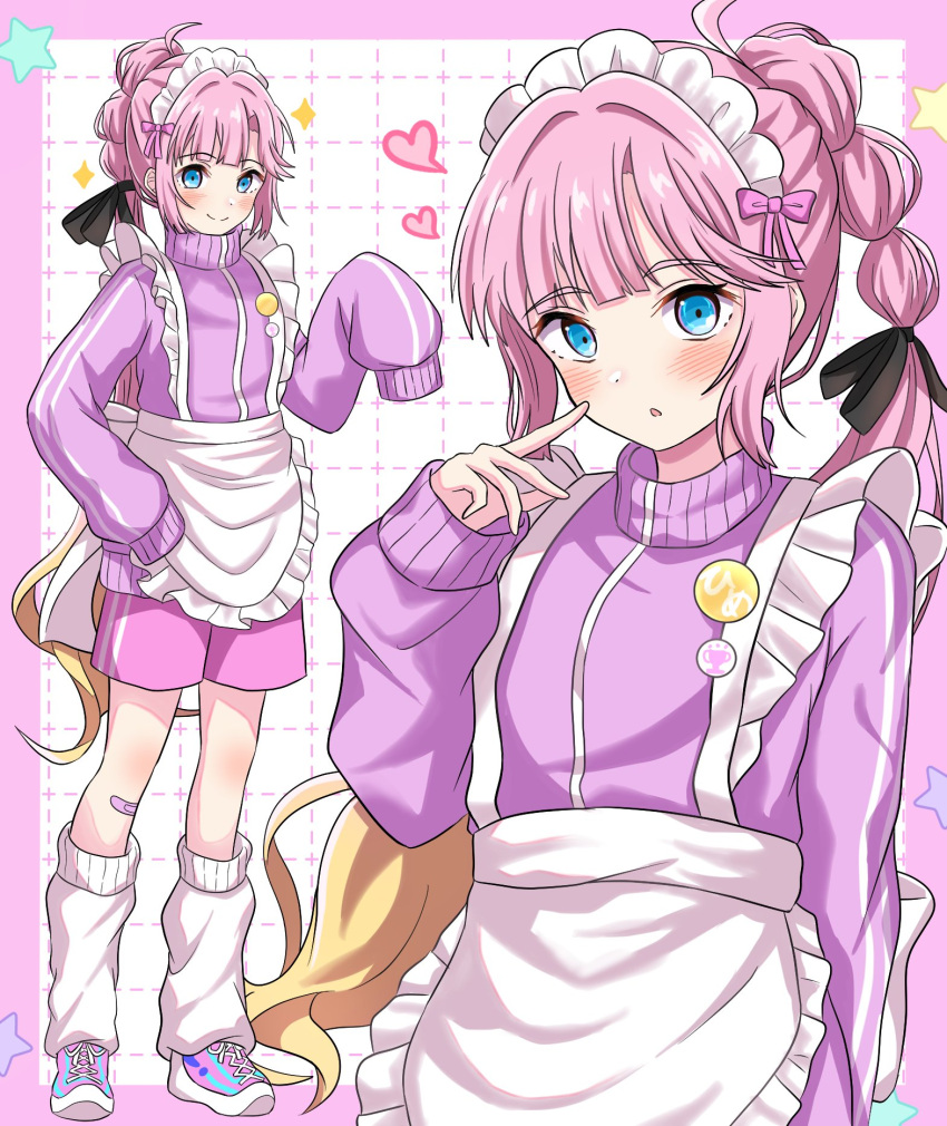 1girl, :o, ahoge, alternate_costume, anyoji_hime, apron, badge, bandaid, bandaid_on_leg, black_ribbon, blonde_hair, blue_eyes, blunt_bangs, blush, border, button_badge, closed_mouth, commentary, dotted_line, frilled_apron, frills, gradient_hair, grid_background, hair_ribbon, heart, highres, jacket, jersey_maid, katanashi_(ktnsh_popu), kneehighs, link!_like!_love_live!, long_hair, long_sleeves, looking_at_viewer, loose_socks, love_live!, maid, maid_headdress, multi-tied_hair, multicolored_hair, multiple_views, open_mouth, outside_border, pink_border, pink_footwear, pink_hair, pointing, pointing_at_self, ponytail, purple_jacket, ribbon, shoes, sidelocks, sleeves_past_fingers, sleeves_past_wrists, sneakers, socks, split_mouth, star_(symbol), swept_bangs, track_jacket, unconventional_maid, very_long_hair, virtual_youtuber, waist_apron, white_apron, white_background, white_socks