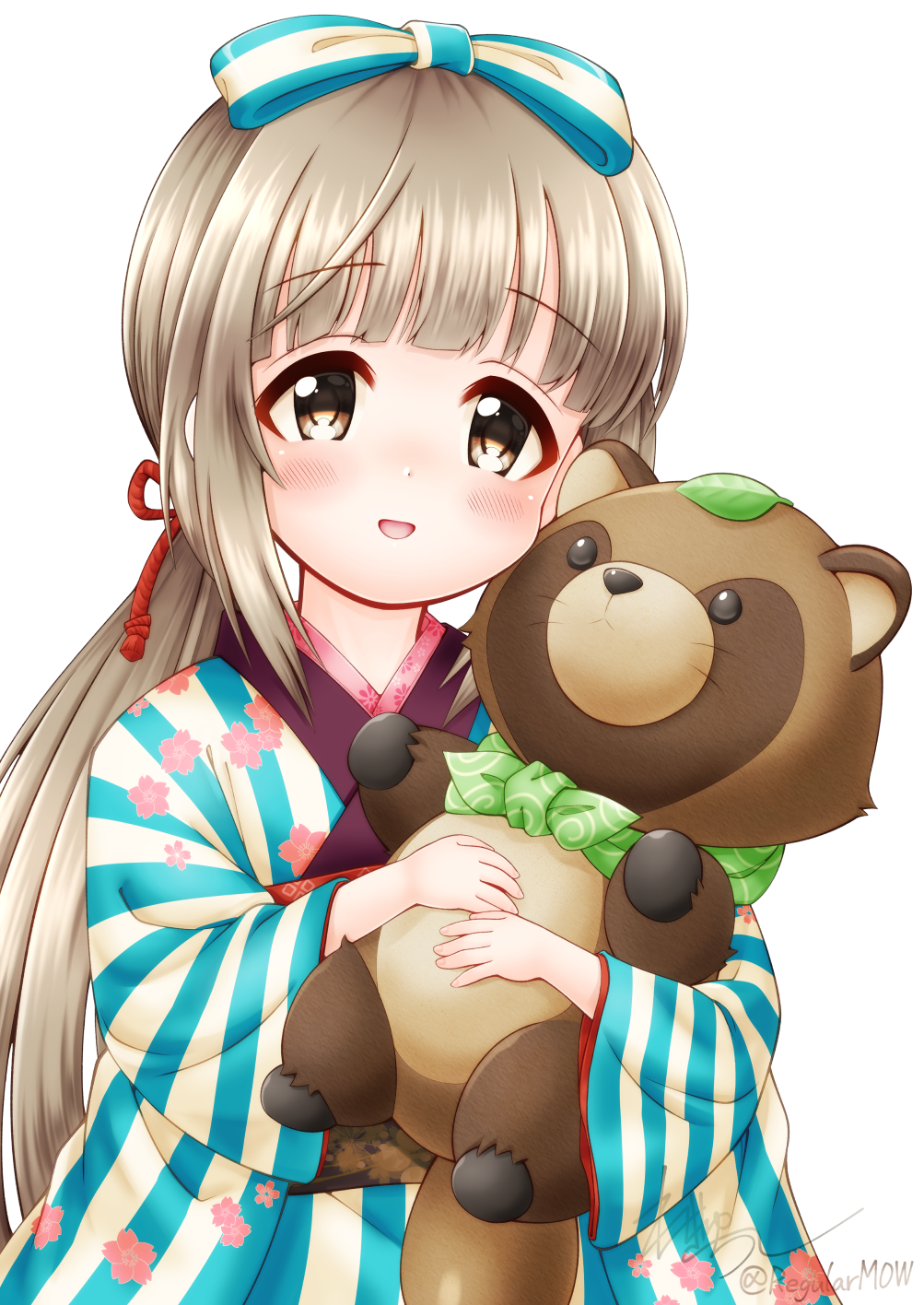1girl, blue_kimono, bow, brown_eyes, brown_hair, floral_print, floral_print_kimono, hair_bow