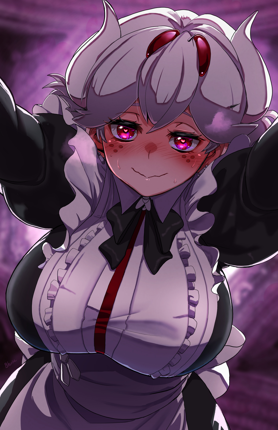 1girl, apron, beelzebub_(helltaker), blush, breasts, demon, demon_girl, demon_horns