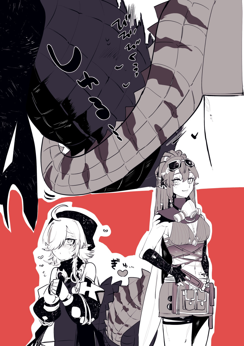 2girls, absurdres, arknights, ban_syou, bare_shoulders, belt_pouch, blush, breasts