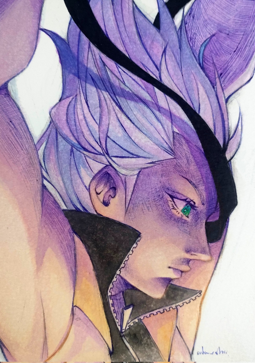 1boy, arms_up, bright_pupils, colored_pencil_(medium), english_commentary, floating_hair, from_side, green_eyes