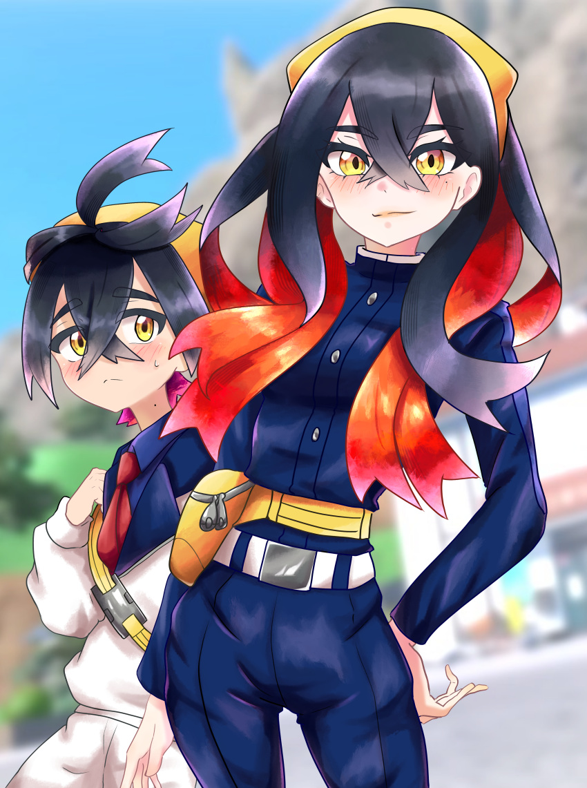 1boy, 1girl, absurdres, belt, belt_buckle, black_hair, blue_jacket, blue_pants