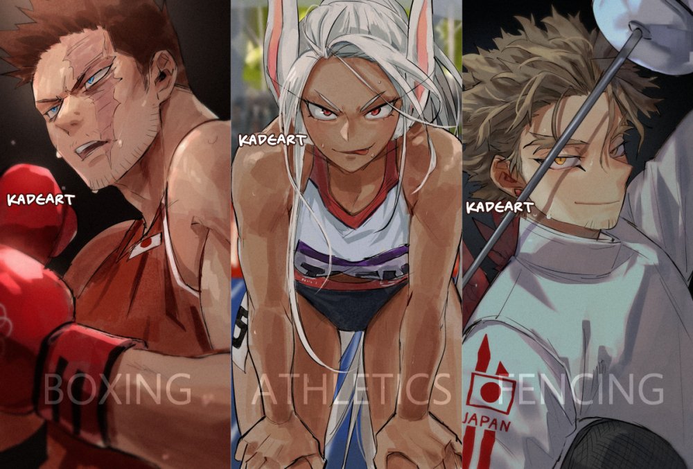 1girl, 2boys, :p, animal_ears, artist_name, bare_shoulders, black_buruma, blonde_hair