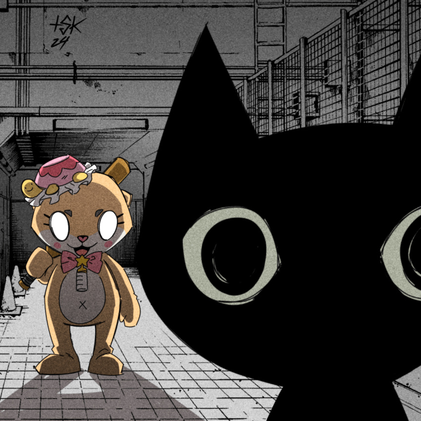 1other, alley, animal, animal_ears, baseball_bat, black_cat, black_eyes, bow, bowtie, cat, chiitan, empty_eyes, full_body, hat, highres, holding, holding_baseball_bat, mascot, mascot_costume, original, otter, otter_ears, standing, tskmartinsen, turtle, x_navel