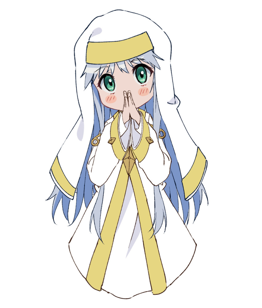 1girl, blue_hair, blush_stickers, coif, commentary, cropped_legs, deformed, green_eyes