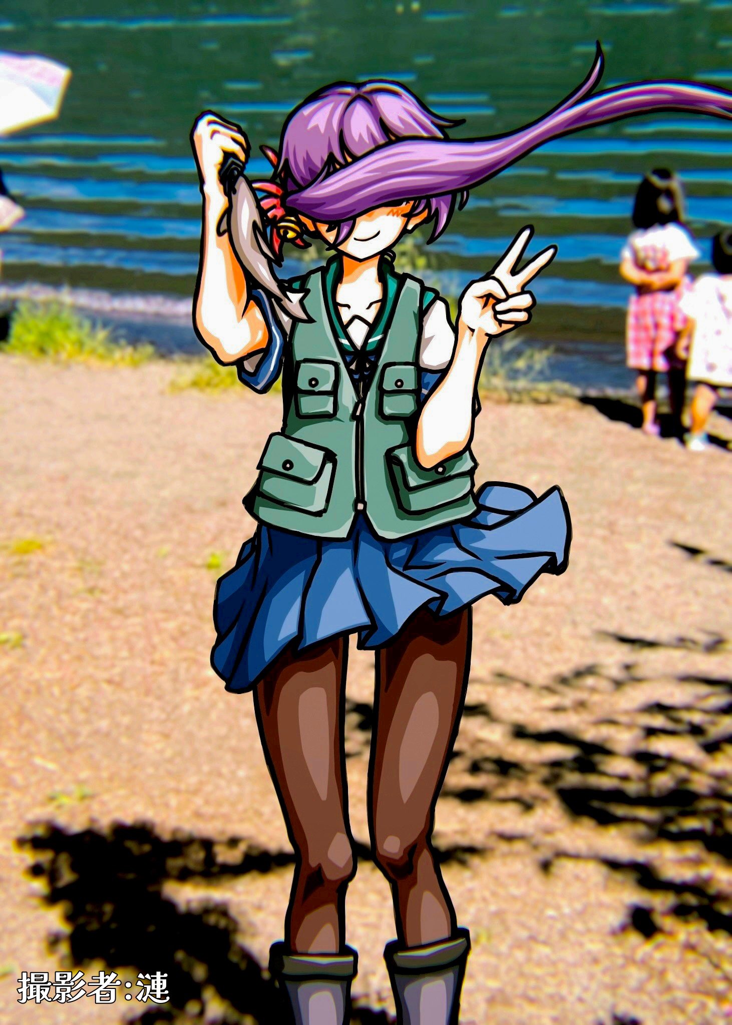 1boy, 2girls, akebono_(kancolle), akebono_(saury_festival)_(kancolle), blue_sailor_collar, blue_skirt, brown_pantyhose, commentary_request