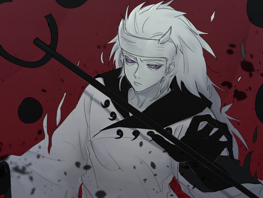 1boy, alternate_form, black_gloves, colored_skin, floating, floating_object, gloves, gudoudama_(naruto), highres, horns, long_hair, male_focus, naruto, naruto_(series), naruto_shippuuden, orb, qjqjqjql, red_background, ringed_eyes, rinnegan, robe, shakujou, solo, staff, tomoe_(symbol), uchiha_madara, uchiha_madara_(juubi_jinchuriki), upper_body, violet_eyes, white_hair, white_horns, white_robe, white_skin