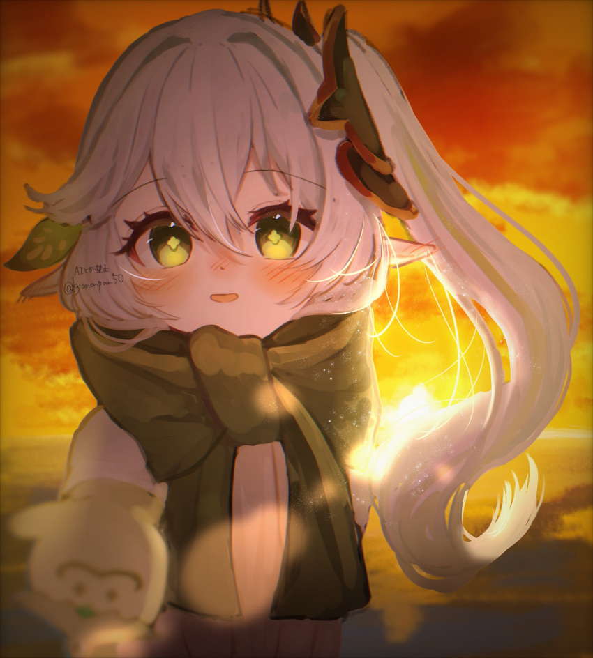 1girl, alternate_costume, arm_behind_back, blurry, blush, bright_pupils, child, clouds