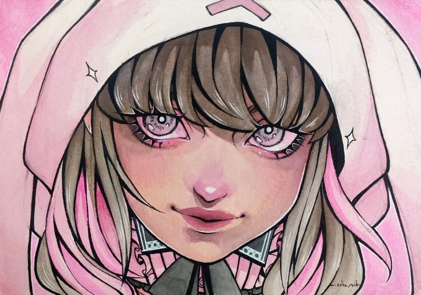 1girl, black_bow, bow, bright_pupils, brown_hair, closed_mouth, english_commentary, fukamachi_moa