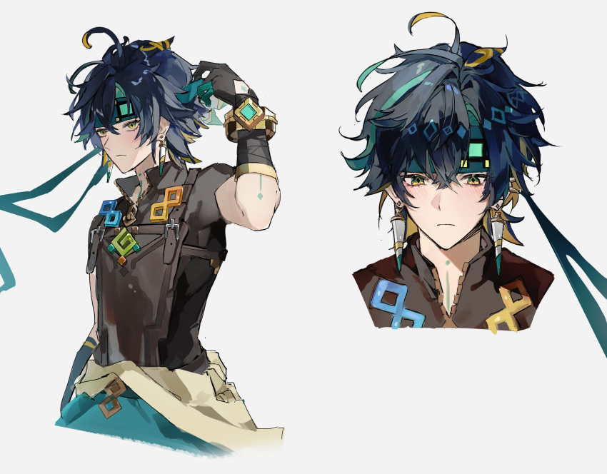 1boy, blush, closed_mouth, cropped_head, cropped_torso, crossed_bangs, earrings, genshin_impact