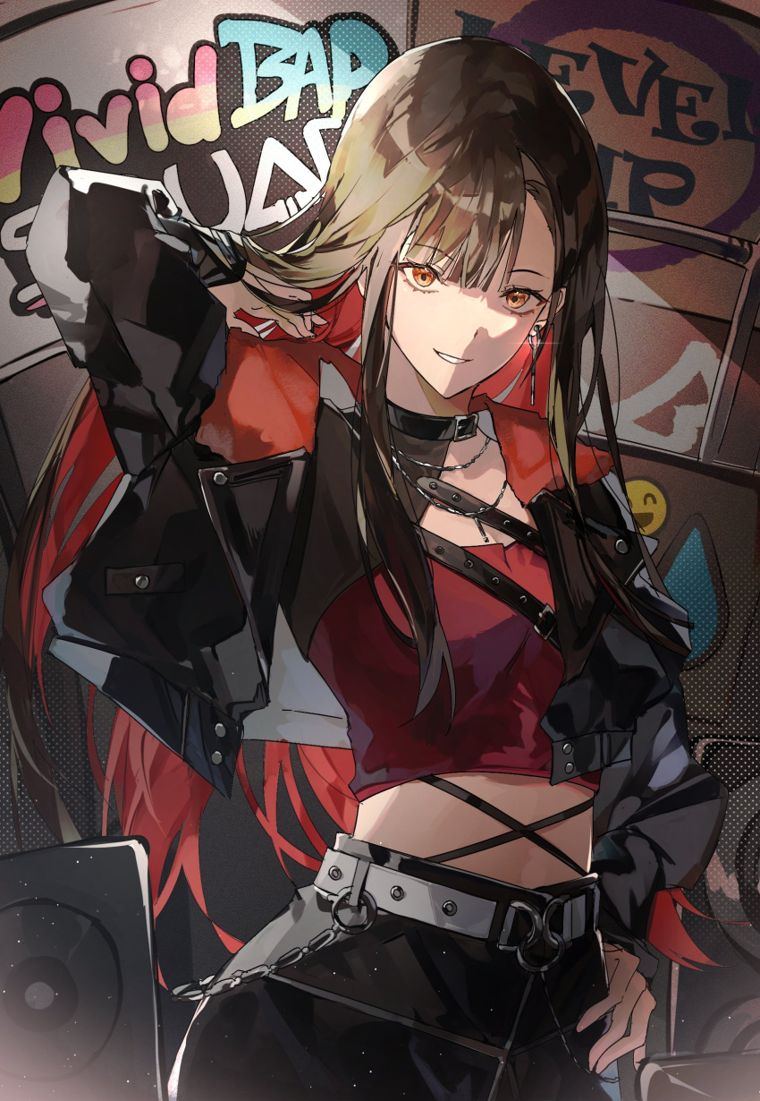 1girl, absurdres, adjusting_hair, arm_up, belt, black_belt, black_hair, black_jacket