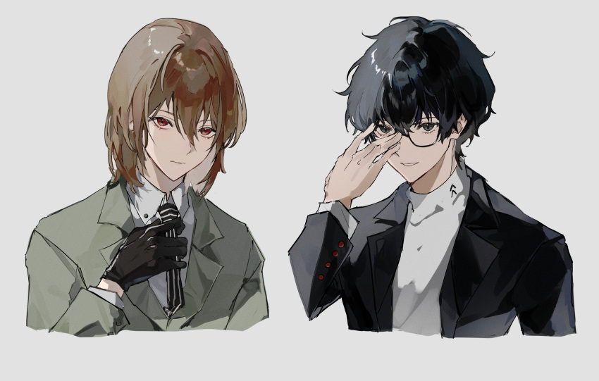 2boys, adjusting_eyewear, akechi_gorou, amamiya_ren, black-framed_eyewear, black_eyes, black_gloves, black_hair