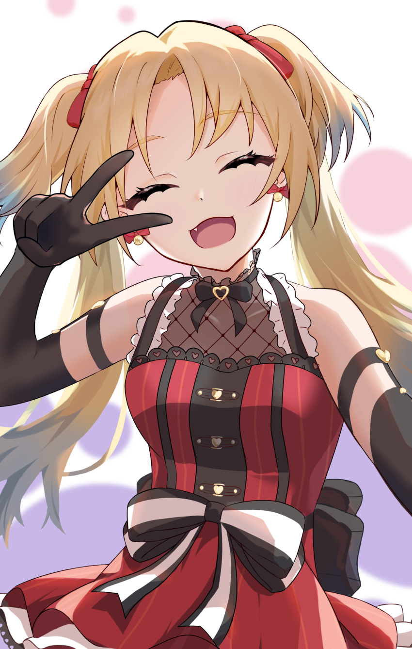 1girl, :3, :d, ^_^, absurdres, arm_garter, black_bow, black_bowtie, black_gloves, blonde_hair, blue_hair, bow, bow_earrings, bowtie, breasts, closed_eyes, dress, earrings, elbow_gloves, facing_viewer, fang, frilled_dress, frills, gloves, gradient_hair, hair_ribbon, heart, highres, jewelry, kinko_tea, light_blue_hair, link!_like!_love_live!, long_hair, love_live!, medium_breasts, miracreation, multicolored_hair, official_alternate_costume, open_mouth, osawa_rurino, parted_bangs, pink_background, purple_background, red_dress, red_ribbon, ribbon, selfie, sleeveless, sleeveless_dress, smile, solo, split_mouth, twintails, upper_body, v, v_over_eye, virtual_youtuber, white_background