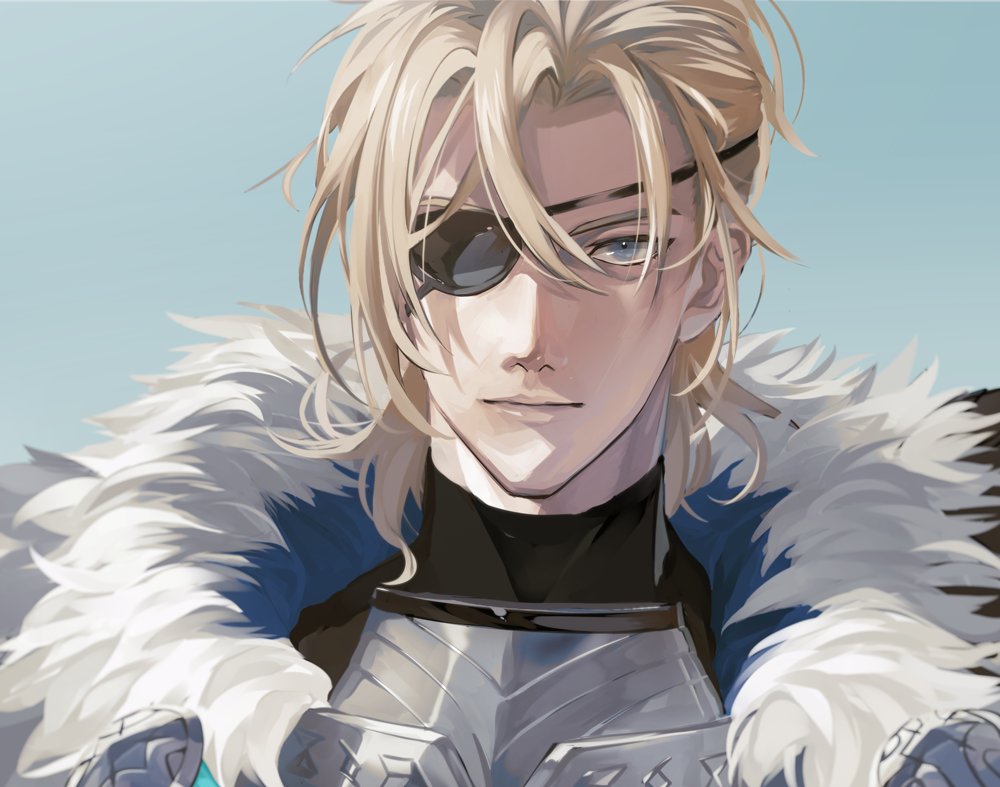 1boy, aqua_background, armor, black_shirt, blonde_hair, blue_cape, blue_eyes, breastplate