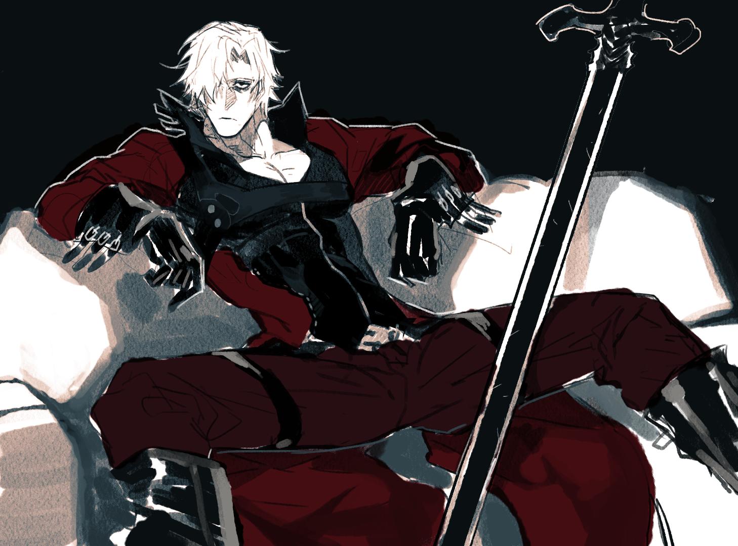 1boy, belt, bishounen, black_gloves, closed_mouth, coat, dante_(devil_may_cry), devil_may_cry_(series), devil_may_cry_2, gloves, hair_over_one_eye, hallot, looking_at_viewer, muscular, pectorals, rebellion_(sword), red_coat, solo, spread_legs, sword, touuax, weapon, white_hair
