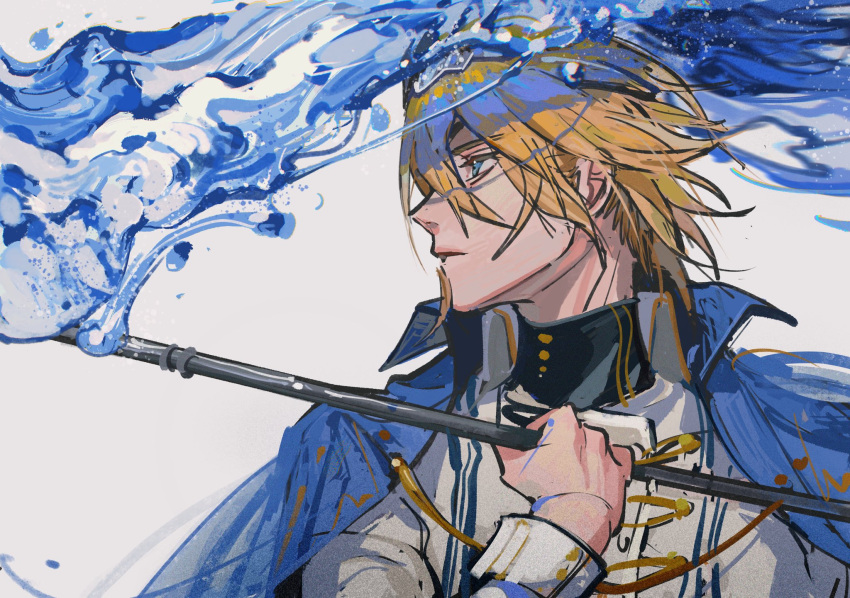 1boy, ambiguous_blue_liquid, arm_up, black_collar, blonde_hair, blue_cape, blue_eyes, blue_liquid
