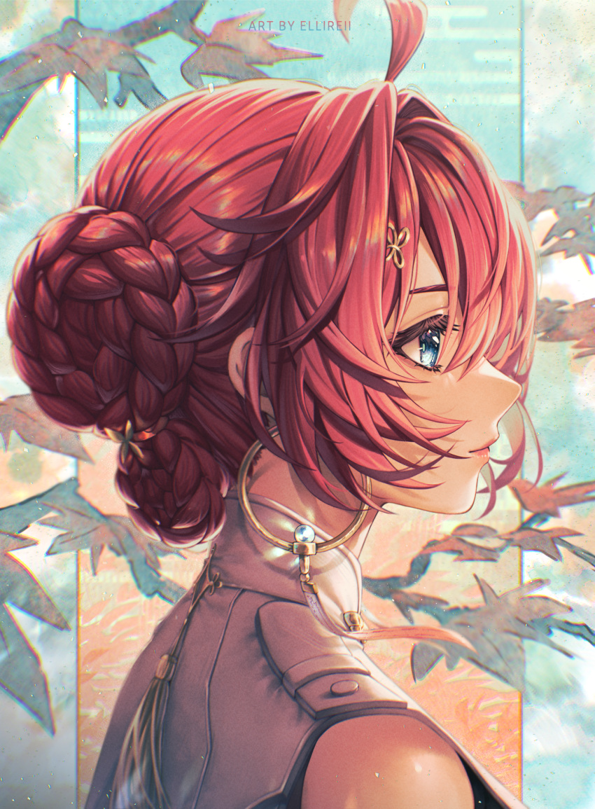 1girl, ahoge, artist_name, bare_shoulders, blue_eyes, closed_mouth, collar, danjin_(wuthering_waves)