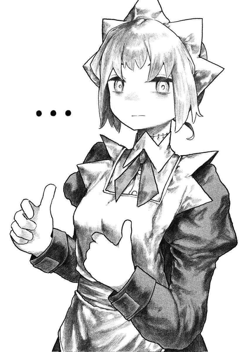 ..., 1girl, apron, bags_under_eyes, beluna, closed_mouth, corrupted_twitter_file, double_thumbs_up, expressionless, greyscale, hands_up, highres, juliet_sleeves, kilsturgeon, long_sleeves, looking_at_viewer, maid, maid_apron, maid_headdress, monochrome, neck_ribbon, puffy_sleeves, ribbon, shirt, short_hair, simple_background, solo, stitched_neck, stitches, the_voynich_hotel, thumbs_up, upper_body