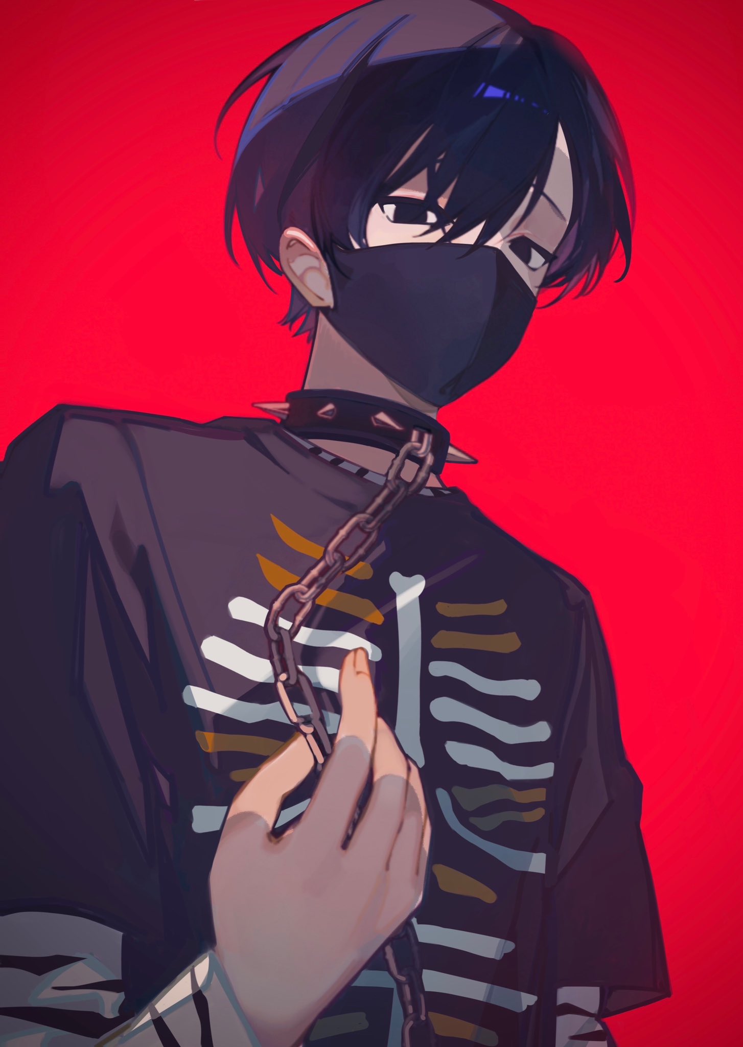 1boy, black_collar, black_eyes, black_hair, black_mask, black_shirt, chain, chain_leash