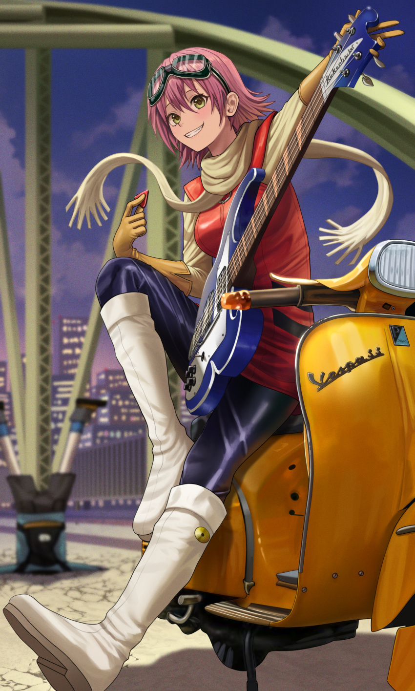 1boy, 1girl, bass_guitar, blue_hoodie, blush, breasts, bridge, cityscape