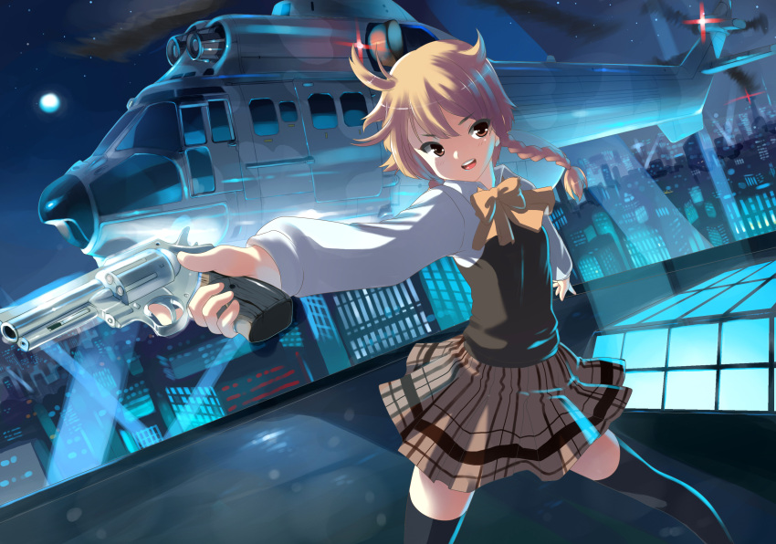 absurdres, ahoge, aqua, blonde_hair, bowtie, braid, brown_eyes, cityscape