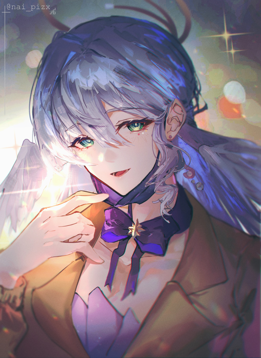 1girl, \||/, blue_hair, blush, bow, bowtie, brown_jacket, collarbone